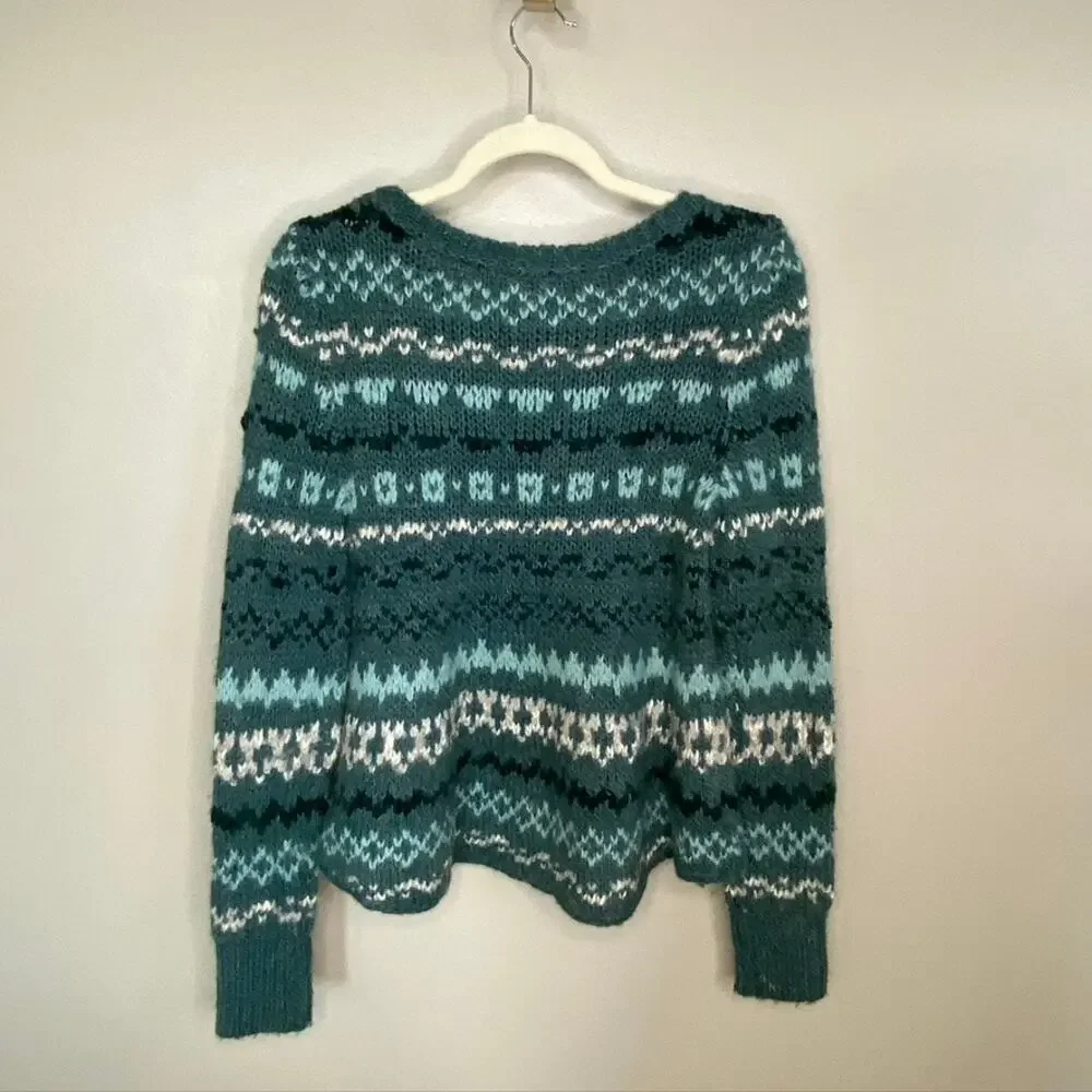 Women's Free People Through the Storm Wool Blend Fair Isle Sweater Green XS - Picture 9 of 11